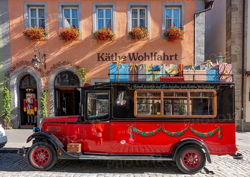 Decorated vintage bus in front of the house of Kaethe Wohlfahrt Christmas Village