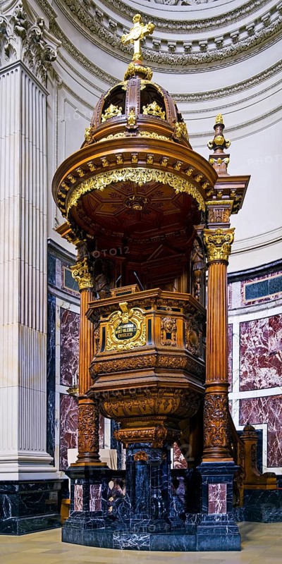 Interior view of Berlin Cathedral with pulpit