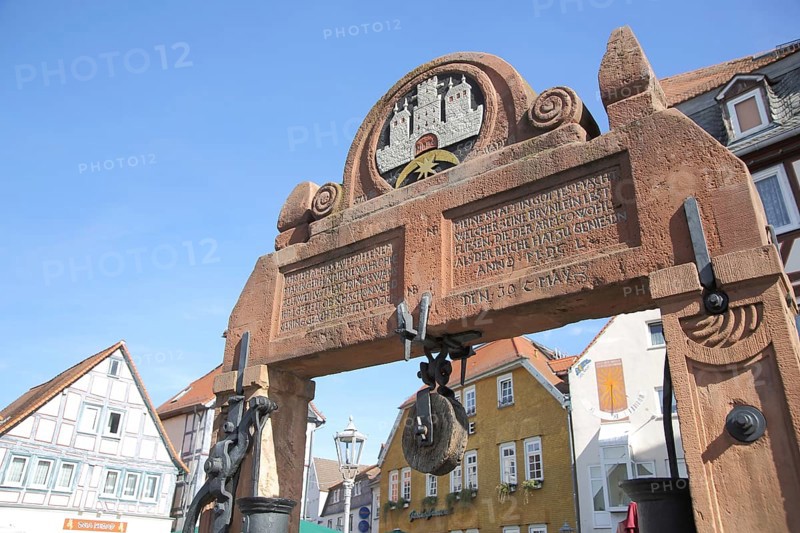 Detail of the draw well with town coat of arms