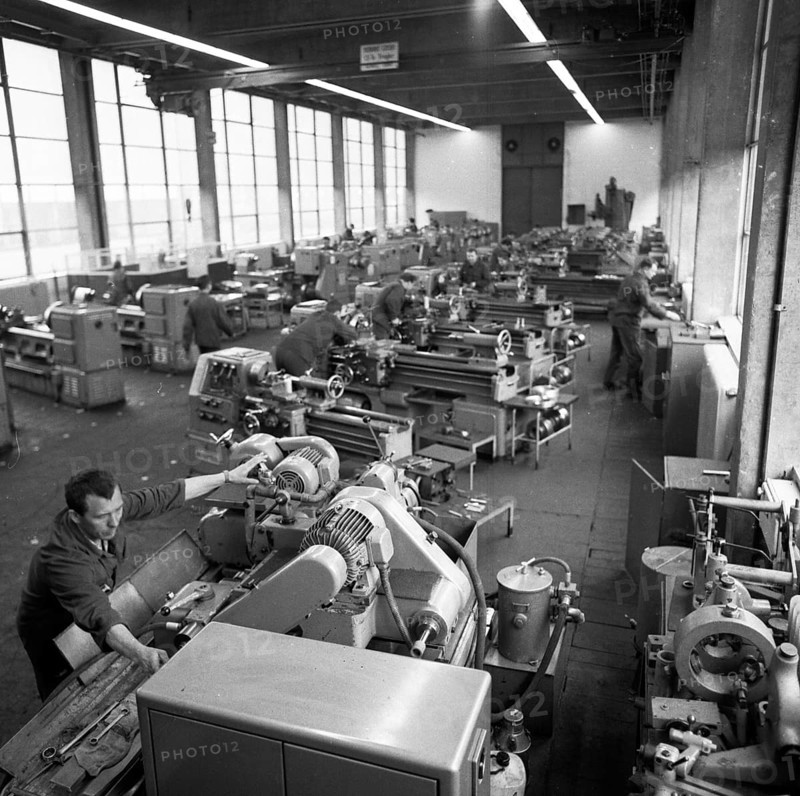 Older workers are retrained in metal trades as locksmiths and lathe operators in the Krupp AG workshops in Bochum in 1967