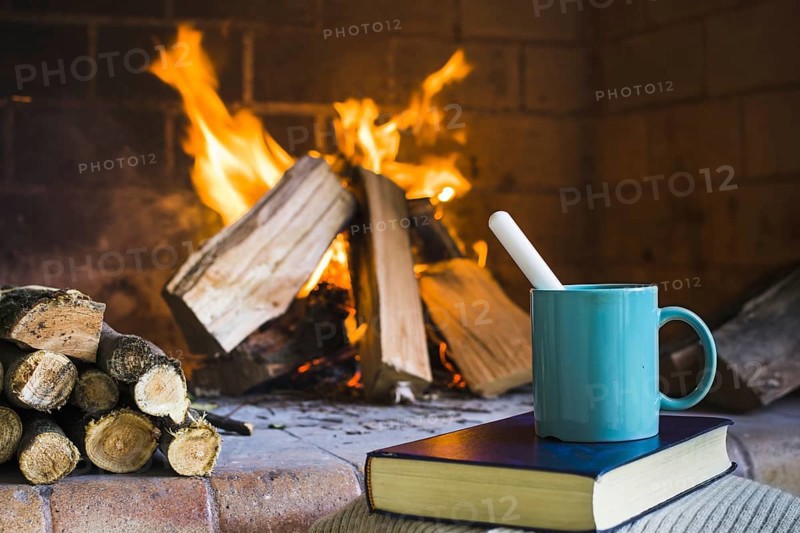 Beverage book near fireplace