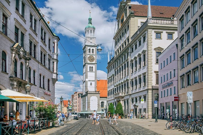 Maximilianstrasse with Perlachturm and City Hall