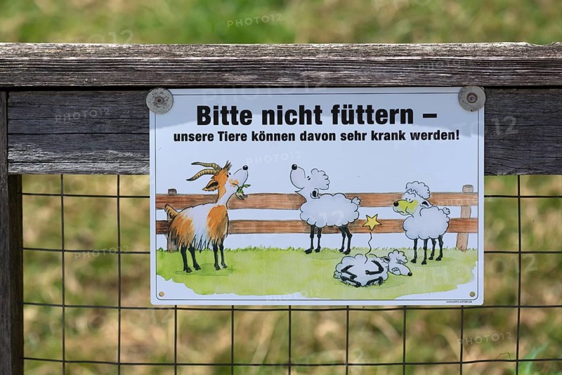Sign for feeding ban in front of a goat and sheep meadow