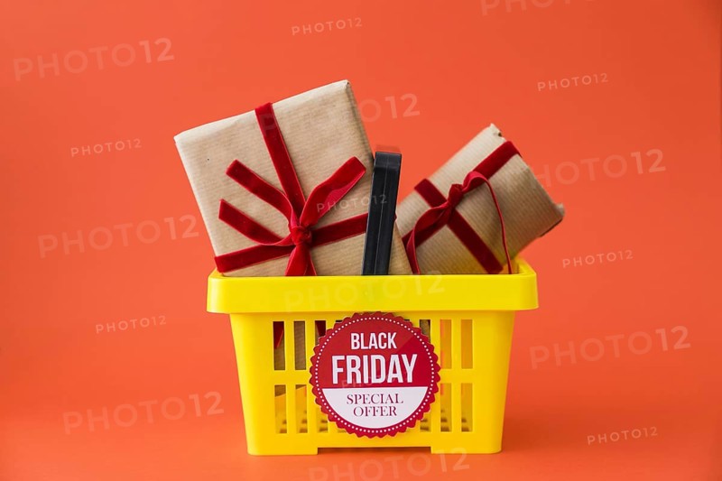 Black friday decoration with gifts basket