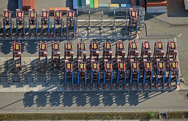 Aerial view of the straddle carrier fleet at Tollerort in the Port of Hamburg