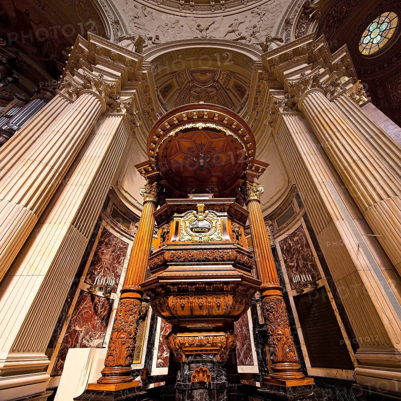 Interior view of Berlin Cathedral with pulpit