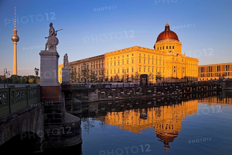 Humboldt Forum with Palace Bridge and TV Tower in late evening light