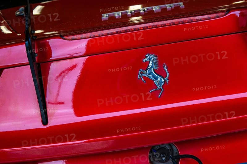 Ferrari emblem logo trademark rearing horse Cavallino Rampante on rear of red Italian sports car Ferrari 458 Challenge