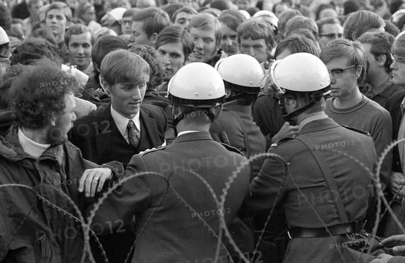 Far-reaching peaceful protests by students at the University of Muenster during the 1968 election campaign were answered by the police with the use of water cannons