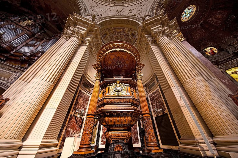Interior view of Berlin Cathedral with pulpit