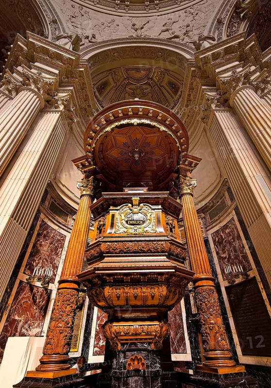 Interior view of Berlin Cathedral with pulpit