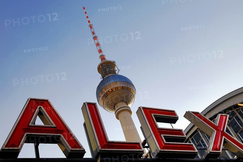 Alexanderplatz S-Bahn station with the Berlin TV tower in the evening