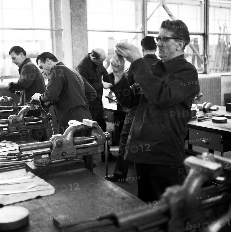 Older workers are retrained in metal trades as locksmiths and lathe operators in the Krupp AG workshops in Bochum in 1967