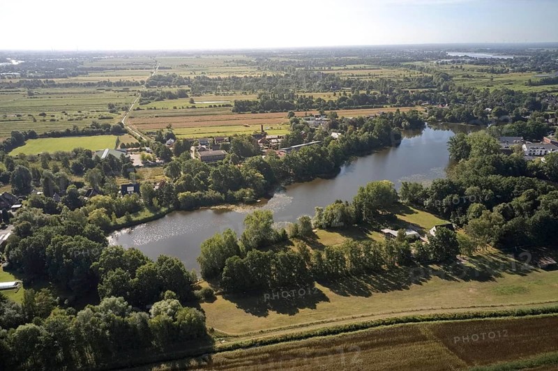 Aerial view of the landscape around Sandbraak Lake in the Hamburg district of Fuenfhausen. Kirchwerder
