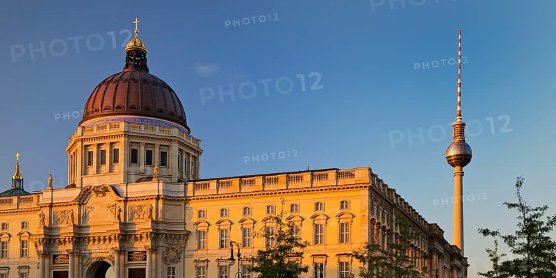 Humboldt Forum with cathedral and television tower in the late evening light