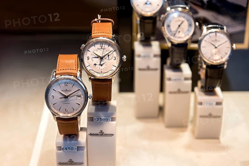 High quality watches of the luxury brand Jaeger-LeCoultre in the shop window with price tag