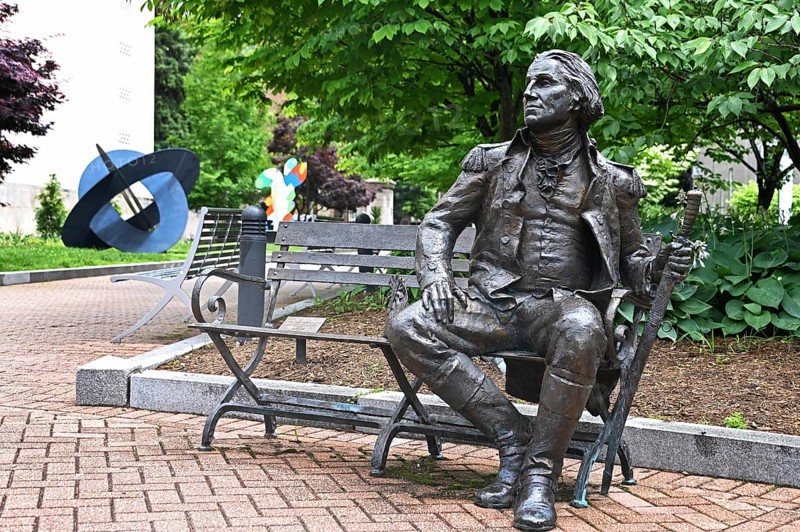 George Washington statue on a bench at George Washington University