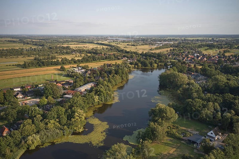 Aerial view of Sandbraak Lake at the village of Fuenfhausen in the Kirchwerder district of Hamburg
