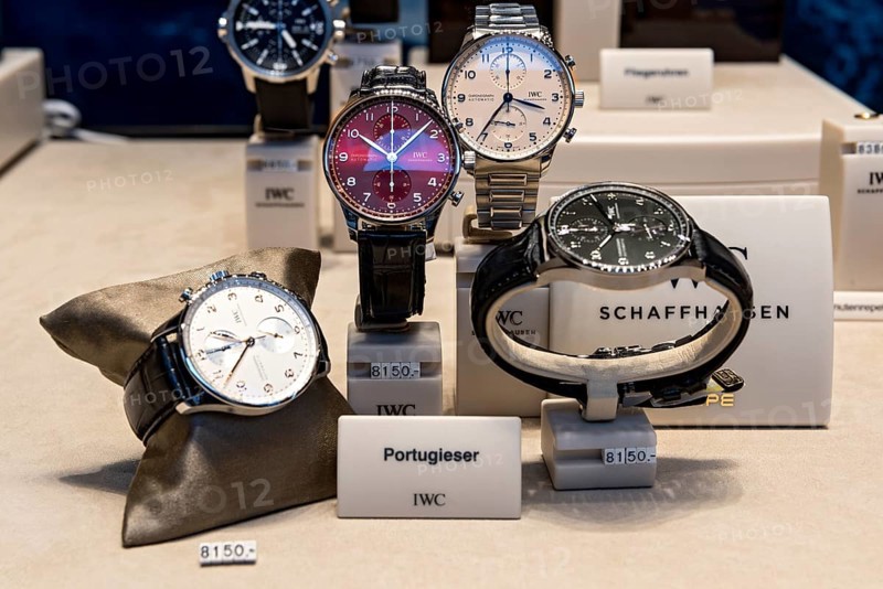 High quality watches of the luxury brand IWC Schaffhausen in the shop window with price tag