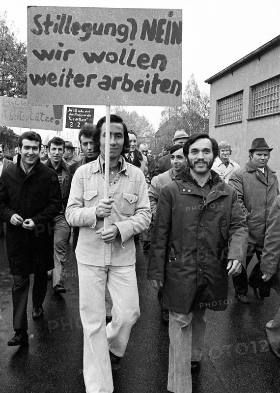 Employees of the Duesseldorf -Reisholz steel and tube works demonstrated on 6 November 1973 in Langenfeld-Immigrath against the loss of jobs