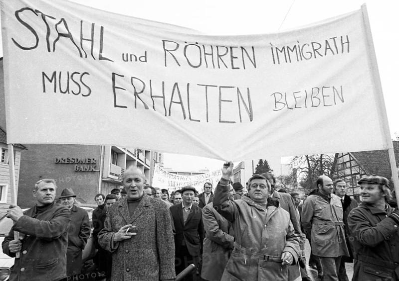 Employees of the Duesseldorf -Reisholz steel and tube works demonstrated on 6 November 1973 in Langenfeld-Immigrath against the loss of jobs