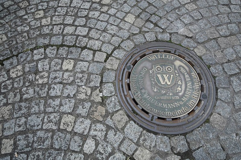 Manhole cover with inscription wine-growing municipality and town coat of arms