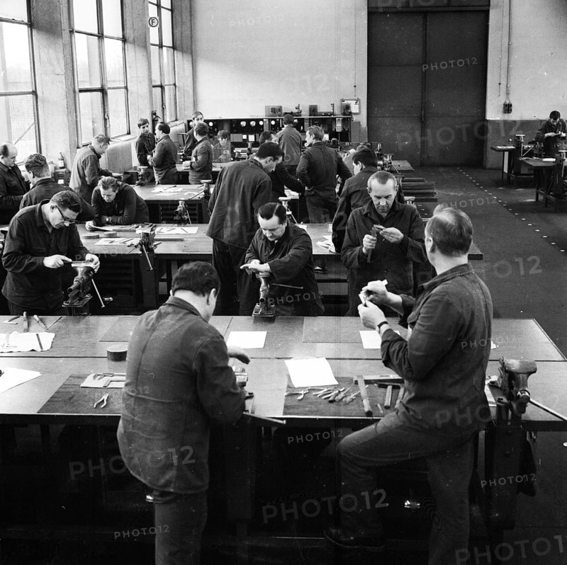 Older workers are retrained in metal trades as locksmiths and lathe operators in the Krupp AG workshops in Bochum in 1967
