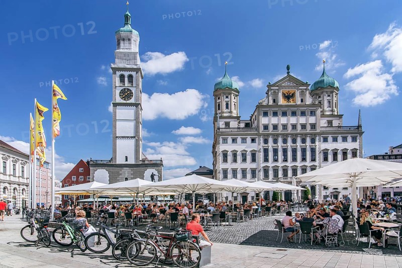 Restaurant terraces on the town hall square with Perlachturm and town hall