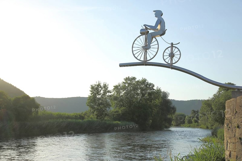 Sculpture Trethenner the Werratal Cyclist by Wolfgang Loewe 2002 above the Werra