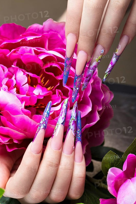 Long beautiful manicure with flowers on female fingers. Nails design. Close-up. Picture taken in the studio on a white background
