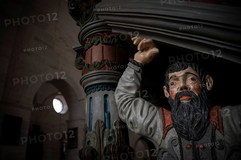 Stucco pulpit by Konrad Wagner with larger-than-life supporting atlas