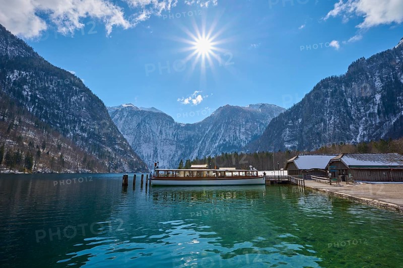 Excursion boat on jetty in St Bartholomae at Koenigsee