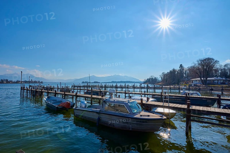 Lake Ciemsee wooden jetty and fishing boat