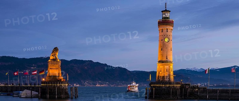 Harbour with lighthouse and Bavarian Lion