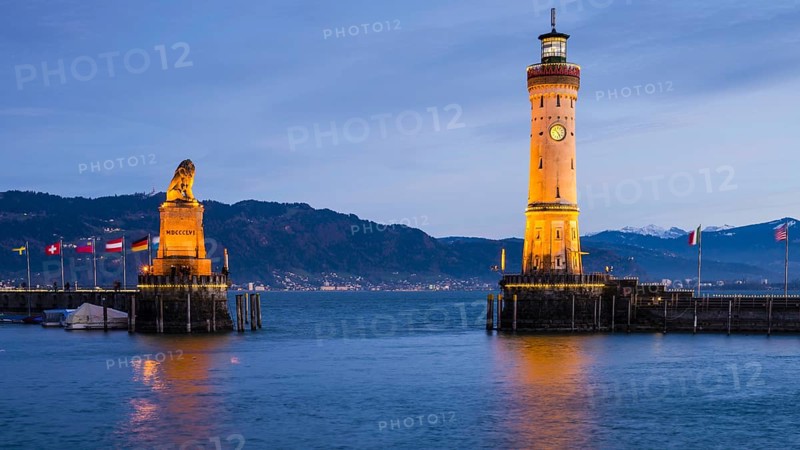 Harbour with lighthouse and Bavarian Lion