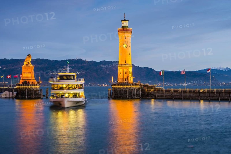 Harbour with lighthouse and Bavarian Lion