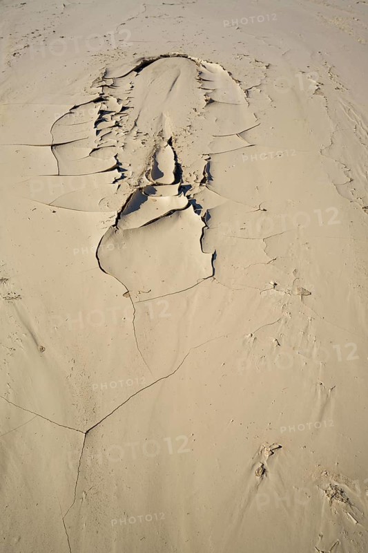 Dried cracking sandy mud in a fish shape. Drought-cracked soil patterns display the effect of lack of rain and climate change. Swakop River