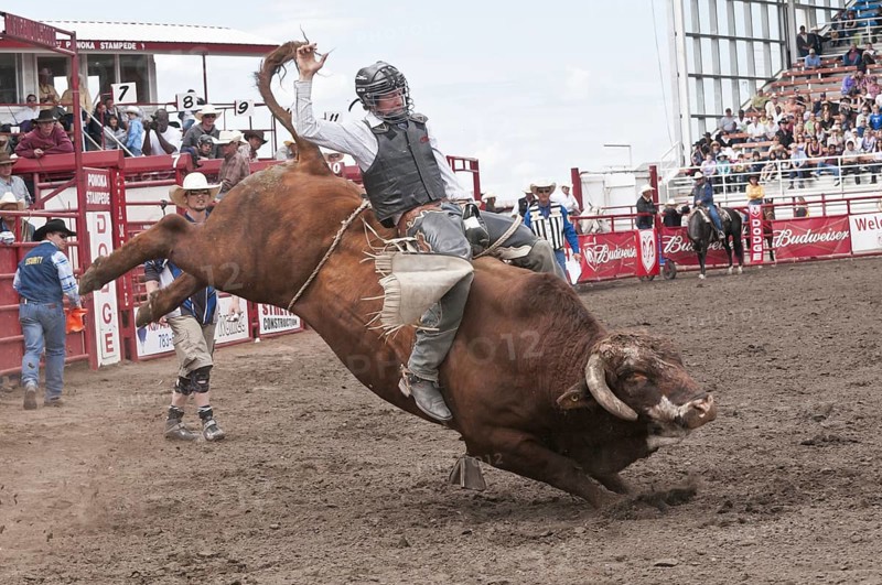 Cowboy bull riding at a rodeo
