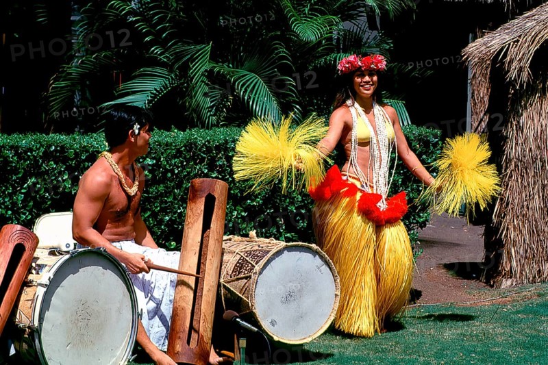 Dancer and drummer at historic Kodak Hula Show