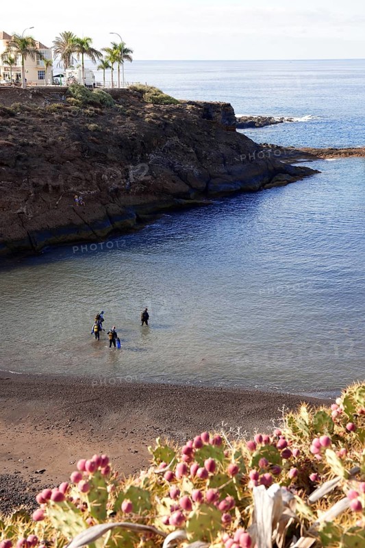 Divers Sport divers with scuba go from land into water in narrow sheltered bay