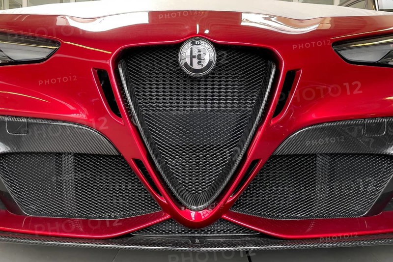 Details of front with black and white logo radiator grille Scudetto of limited to 500 pieces Italian sports car Alfa Romeo Giulia GTAm
