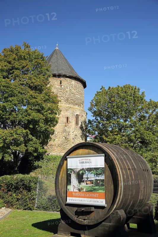 Historic Alexander Tower and wine barrel of the Kupferberg Sparkling Wine Cellars