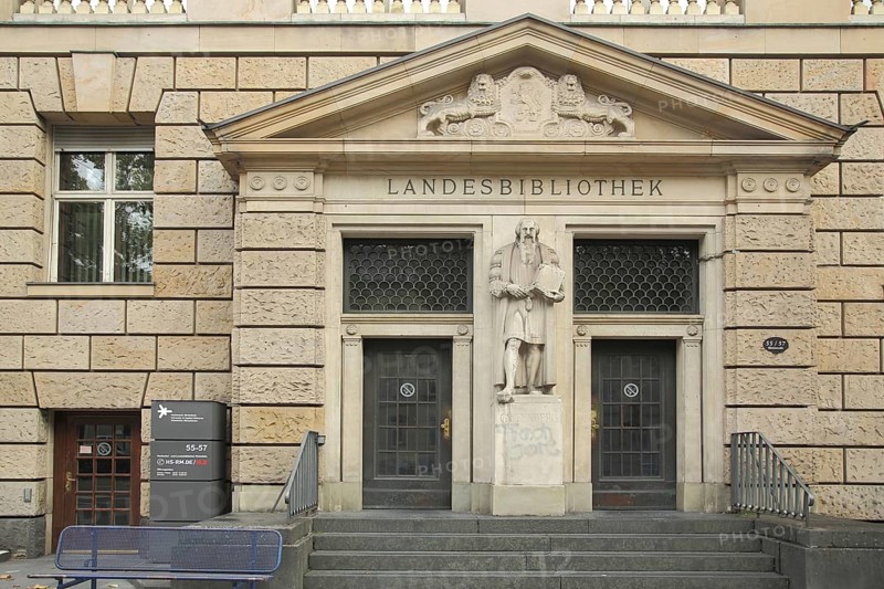 Entrance to the State Library built in 1913 with sculpture Johannes Gutenberg
