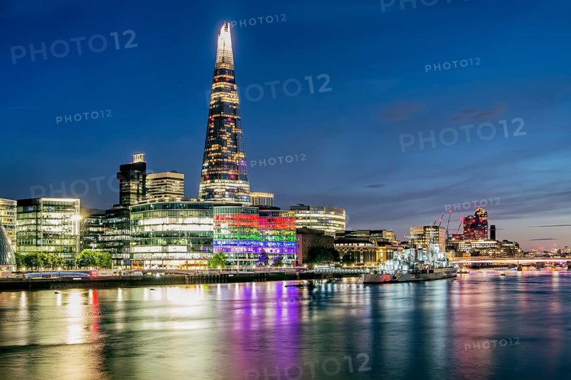 Thames Embankment with The Shard skyscraper at night