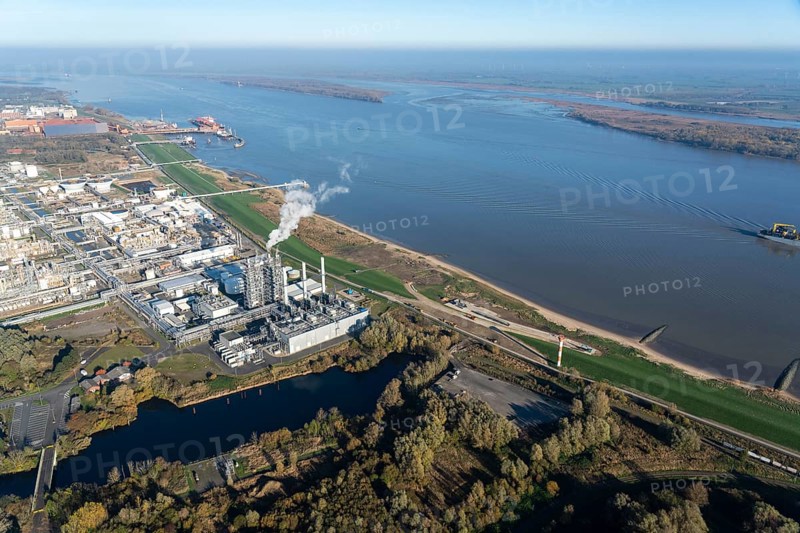 Aerial view of the construction site of the floating LNG Terminal Stade
