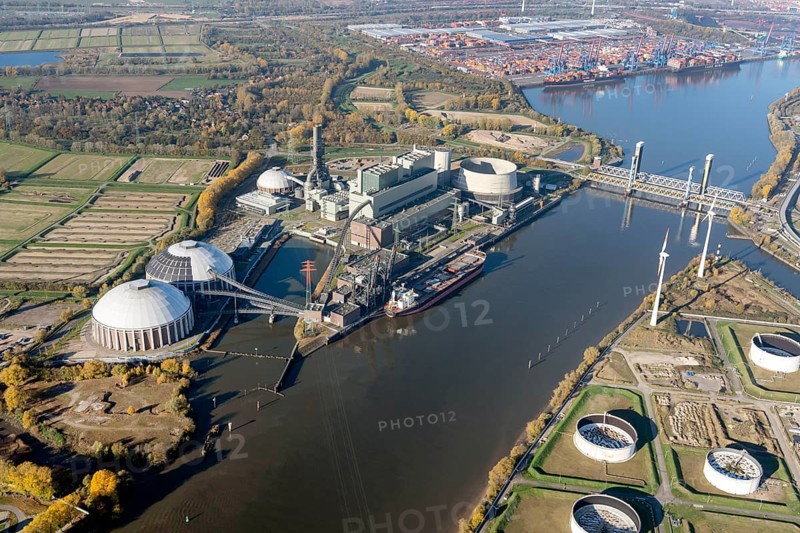 Aerial view of Moorburg power station behind the Container Terminal Altenwerder