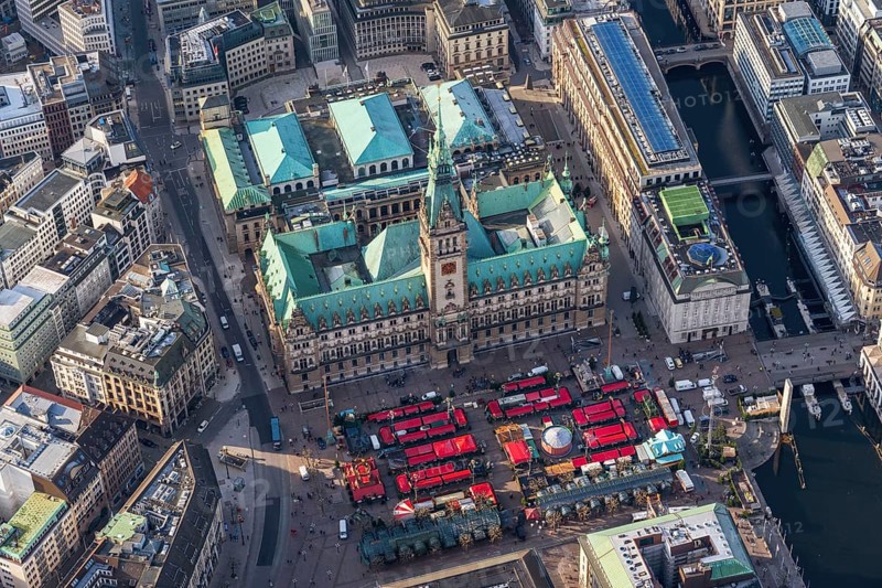 Aerial view of Hamburg City Hall with Christmas Market
