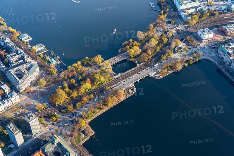 Aerial view of the Alster bridges in autumn