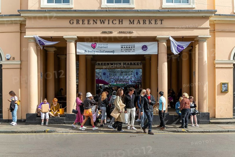 People coming out of entrance to Greenwich Market