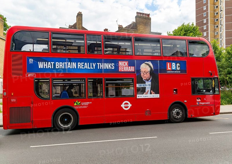 Advertising for LBC Radio Nick Ferrari show on red double decker bus